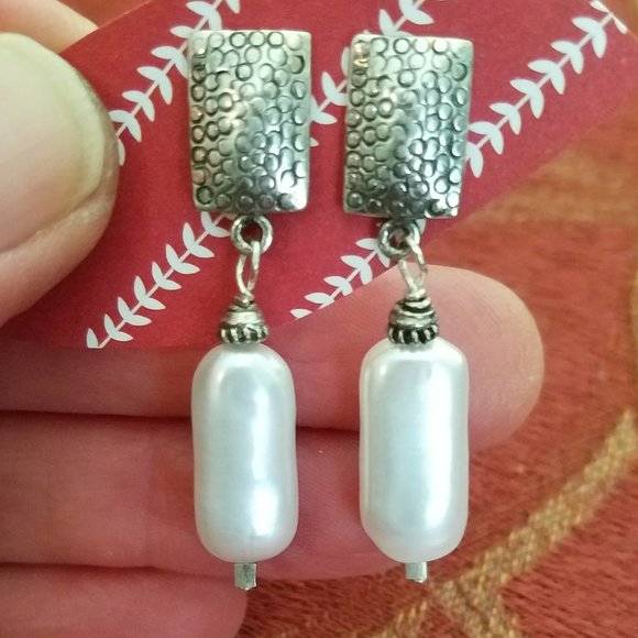 Rectangular Pearl/Hammered Sterling Silver Drop Earrings - Picture 2 of 3